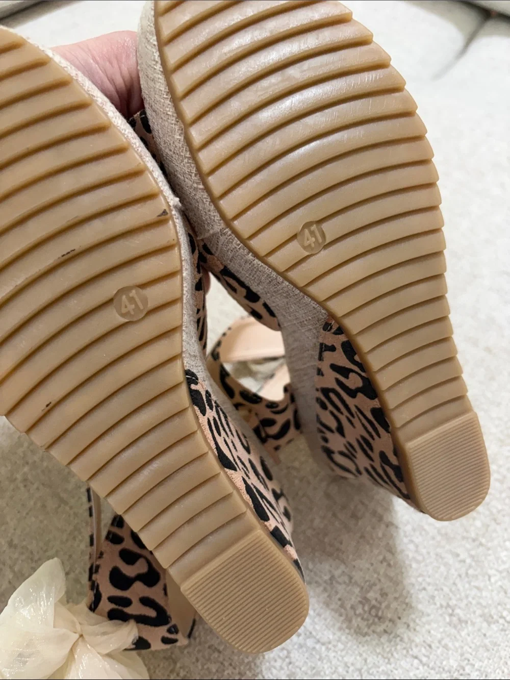 Leopard Print Wedge Sandals with Ivory Ribbon